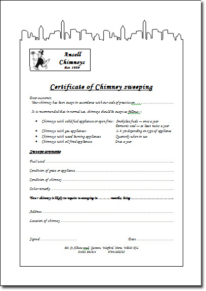 A picture of the certificate that we issue after we have swept your chimney